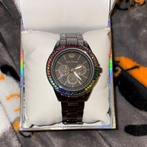 Juicy Couture Black and Silver Watch with Multicolor Rhinestone